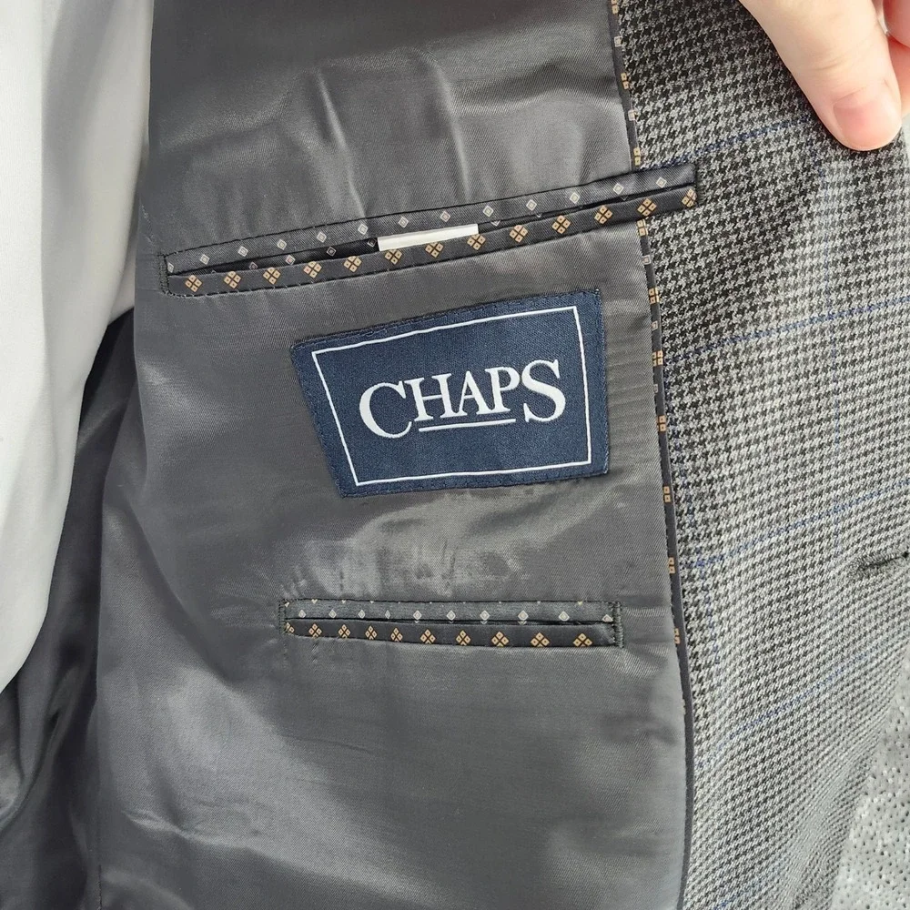 CHAPS‎ Grey Blue Houndstooth Two Button Sport Coat Mens 46R Casual Office Blazer